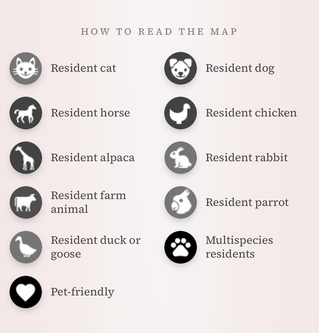How to read the map: icons for a resident cat, dog, horse, chicken, alpaca, rabbit, farm animal, parrot, duck or goose, multispecies residents, and pet-friendly businesses.